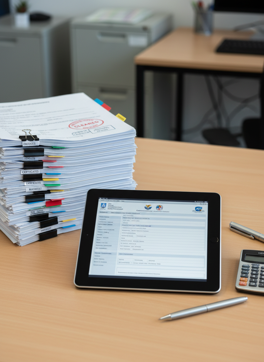A meticulously organized export documentation workspace featuring a dark slate tablet displaying a detailed customs declaration form, flanked by a stack of neatly bound shipping documents with color-coded tabs and a rubber-stamped “CLEARED” mark on the top sheet. The desk is a smooth, light oak surface with a minimalist metal pen and a slim calculator nearby. Cool, even overhead office lighting creates crisp, balanced shadows and highlights. Photographic realism with a slightly elevated angle and sharp focus throughout, conveying precision, reliability, and a professional, process-oriented atmosphere aligned with global trade operations.