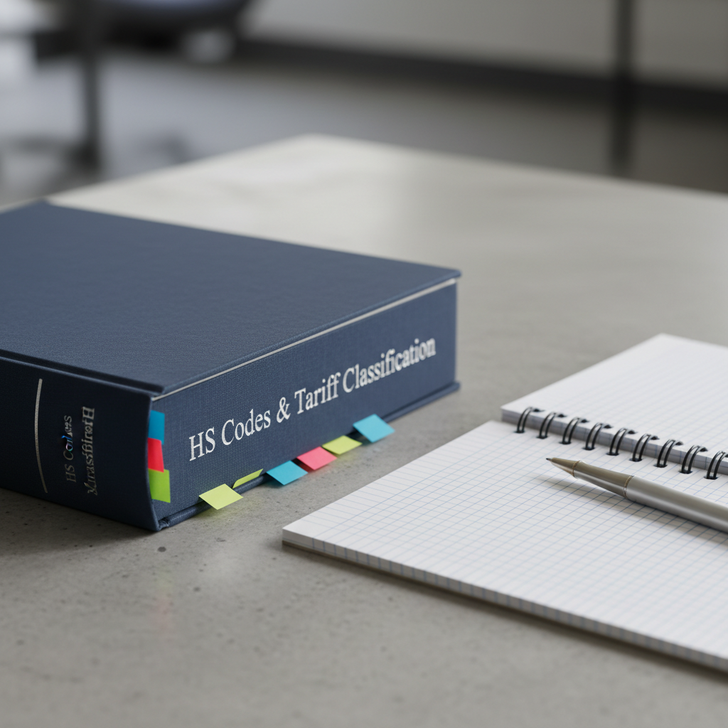 A close-up of a thick, navy-blue hardcover reference book titled “HS Codes & Tariff Classification” embossed in silver lettering on the spine and cover, resting on a smooth grey concrete surface. Beside it lies an open notebook with neatly ruled lines, a fine-point metal pen placed diagonally across the page, and a set of small colored sticky flags peeking from the book’s pages. Soft, overcast daylight from the left creates gentle, uniform illumination with delicate shadows. Photographic realism, shot at a slight three-quarter angle with shallow depth of field, keeping the title and nearby tools sharply focused while the background dissolves into a muted blur, suggesting methodical study and expertise.